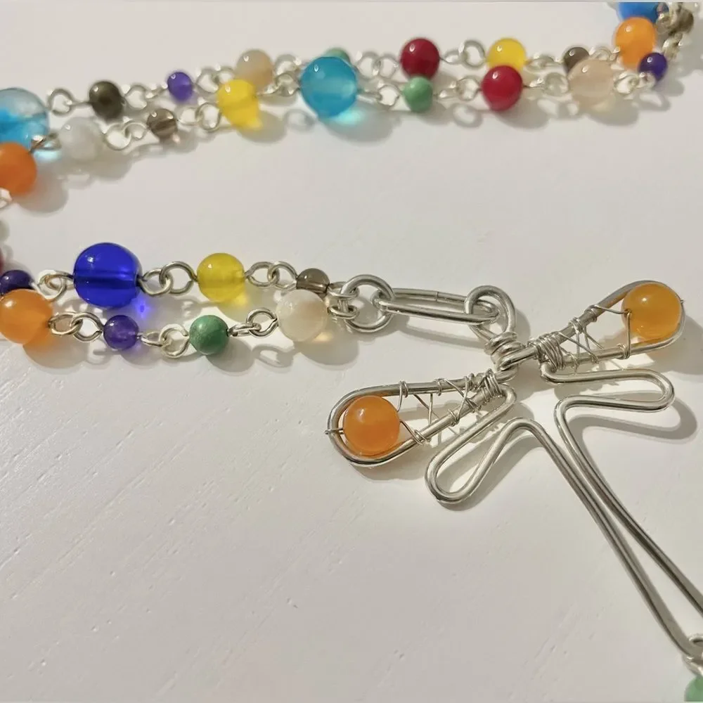 Handmade‎ Silver Dragonfly Rainbow Glass Beaded Necklace Long